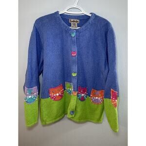 Vintage 90’s Color Block Cat Cardigan Knit Sweater XL Appliqué Button Covers
